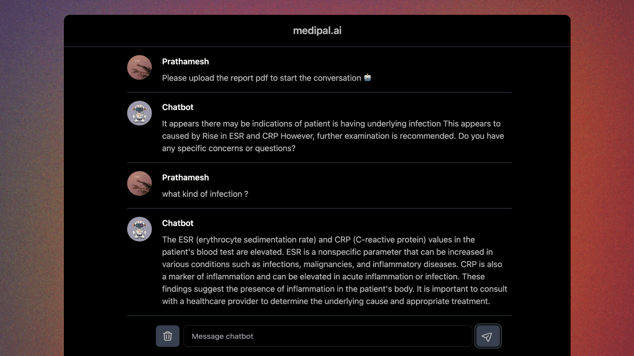 Medipal chat interface explaining a patient's uploaded medical report
