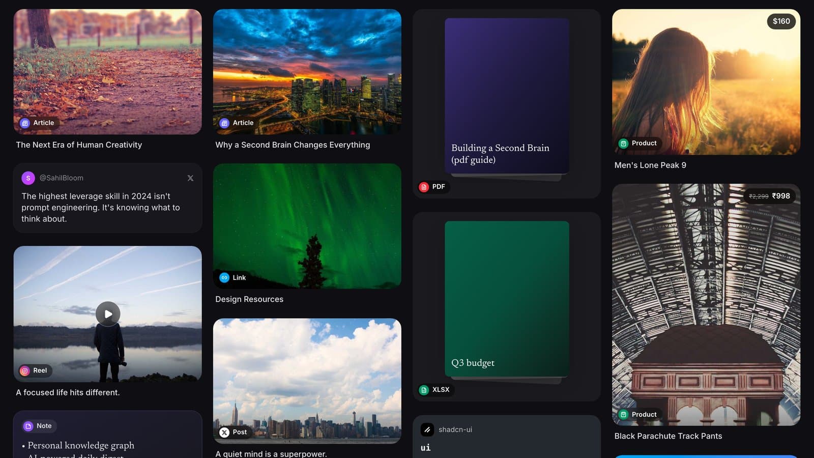 MindVault web app showing a masonry grid of saved articles, X posts, reels, PDFs and product cards