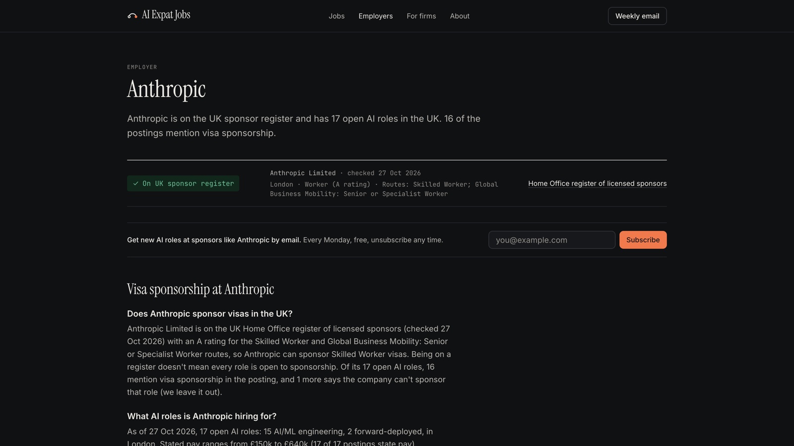 An AI Expat Jobs employer page for Anthropic: on the UK sponsor register with an A rating and its routes, the date it was checked, and how many of its 17 open roles mention visa sponsorship