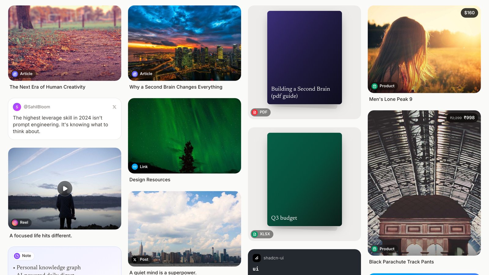 MindVault in light mode: a masonry grid of saved cards with type badges for articles, posts, reels, PDFs and products